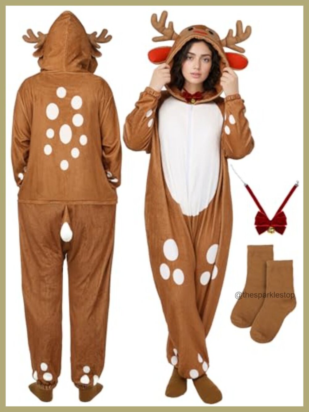 Christmas Reindeer Onesie Pajamas Costume Set with Bow Tie & Socks